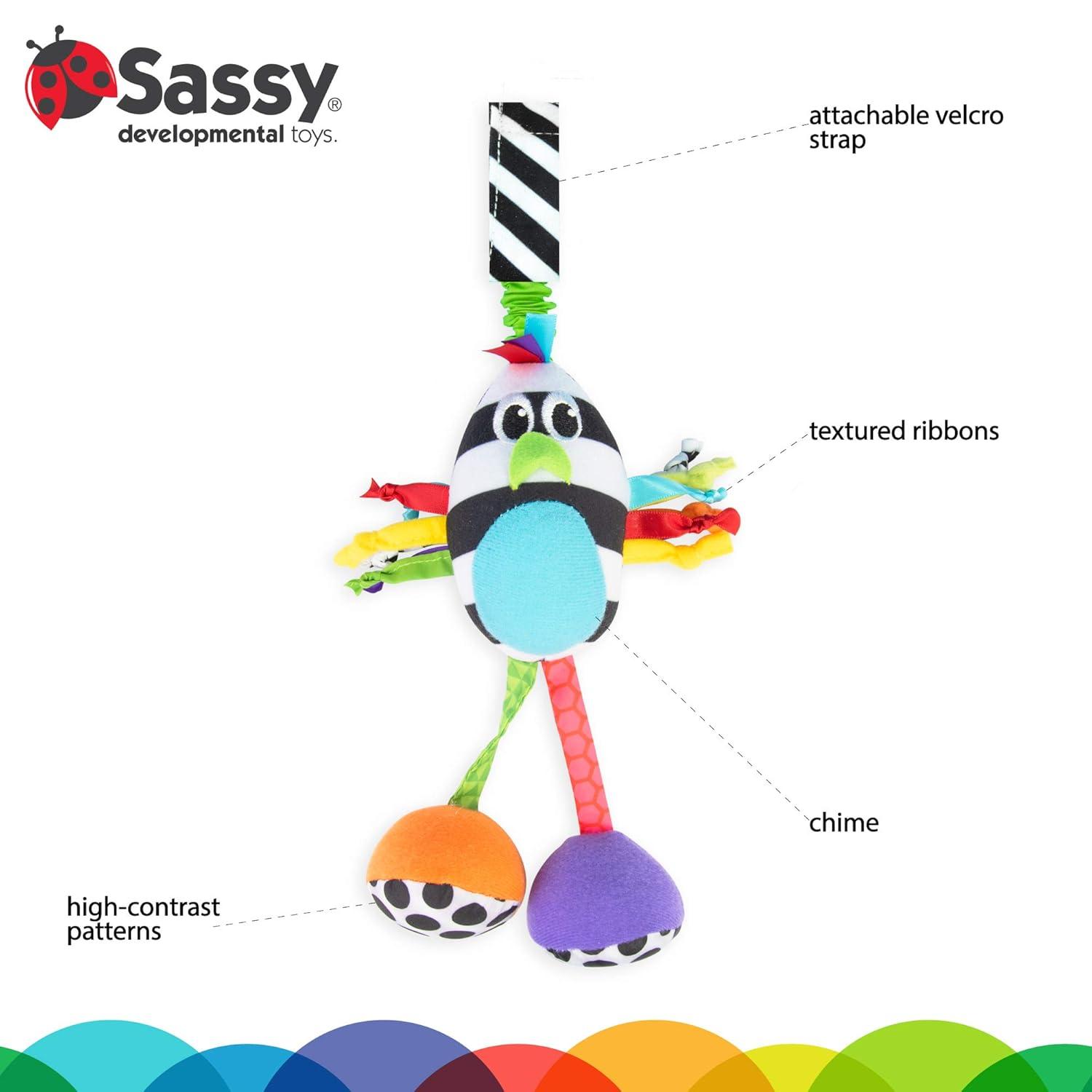 image:imageSassy Boppin Birdie Developmental Plush Toy for Early Learning High Contrast Attaches to Baby Gear for Travel for Ages Newborn and Up 80660Color