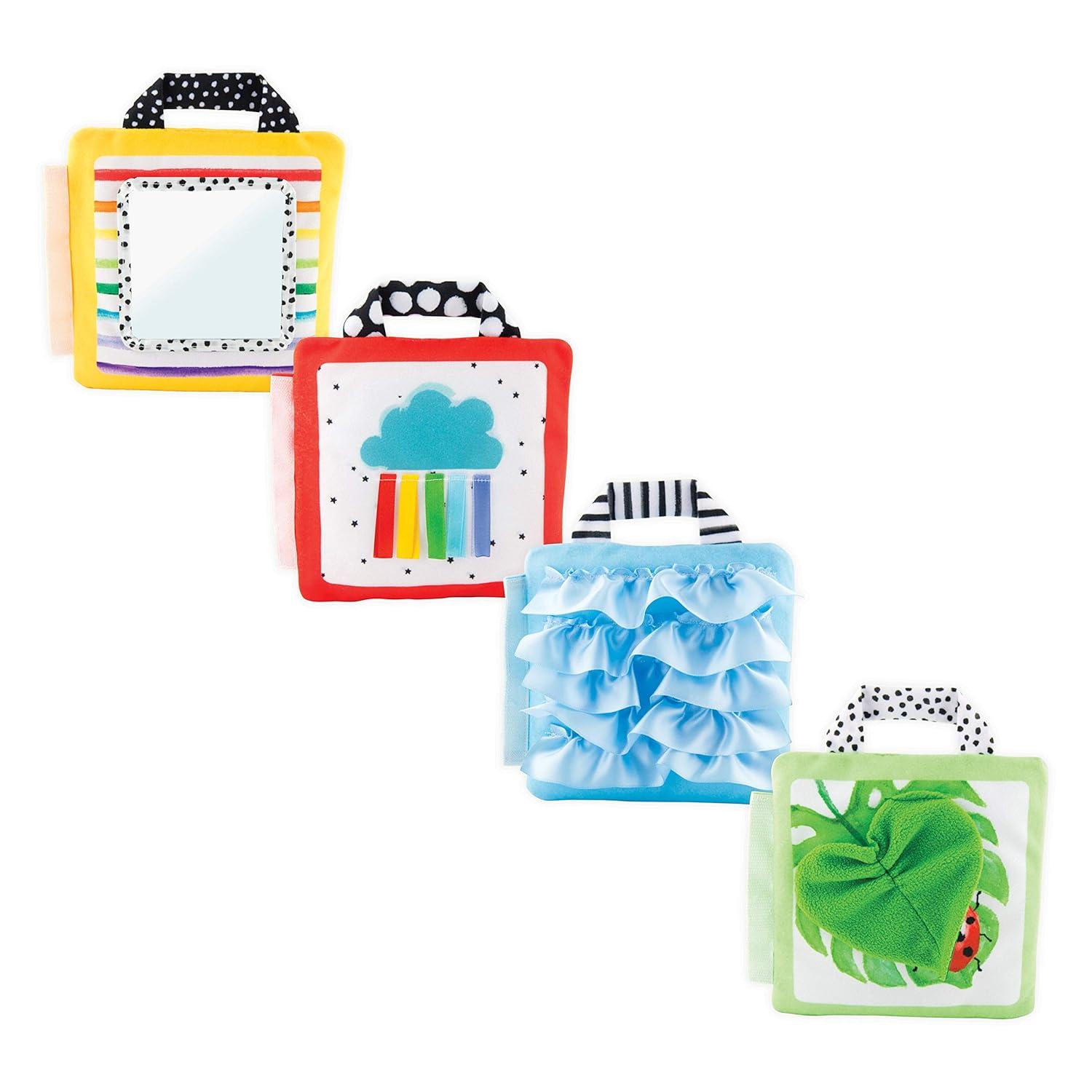 image:imageSassy PeekaBoo Activity Book with Attachable Link for OnTheGo Travel Sensory Play Black amp White Ages 0 MonthsReversible Soft Sensory Activity Panels 4ct