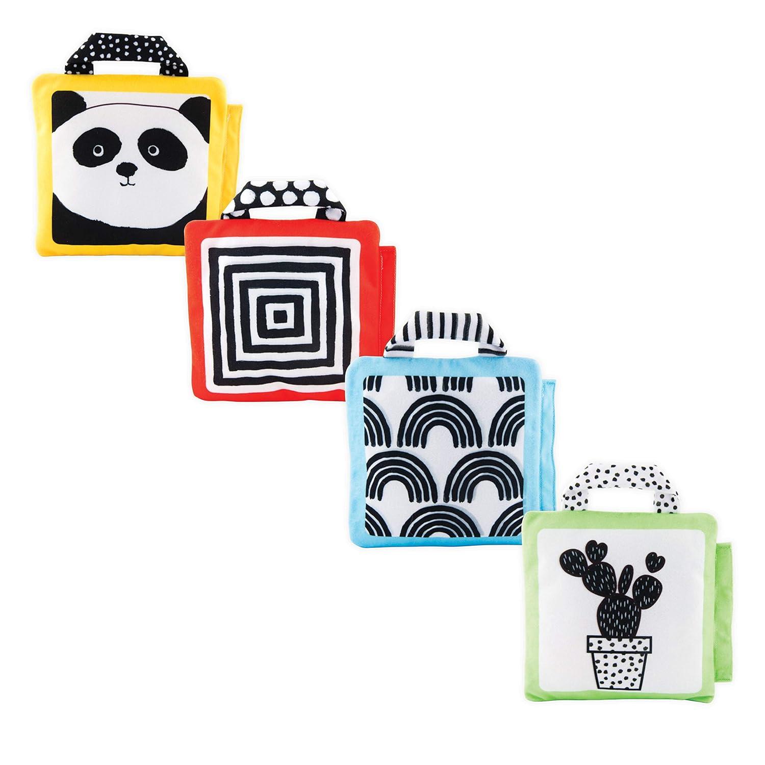 image:imageSassy PeekaBoo Activity Book with Attachable Link for OnTheGo Travel Sensory Play Black amp White Ages 0 MonthsReversible Soft Sensory Activity Panels 4ct
